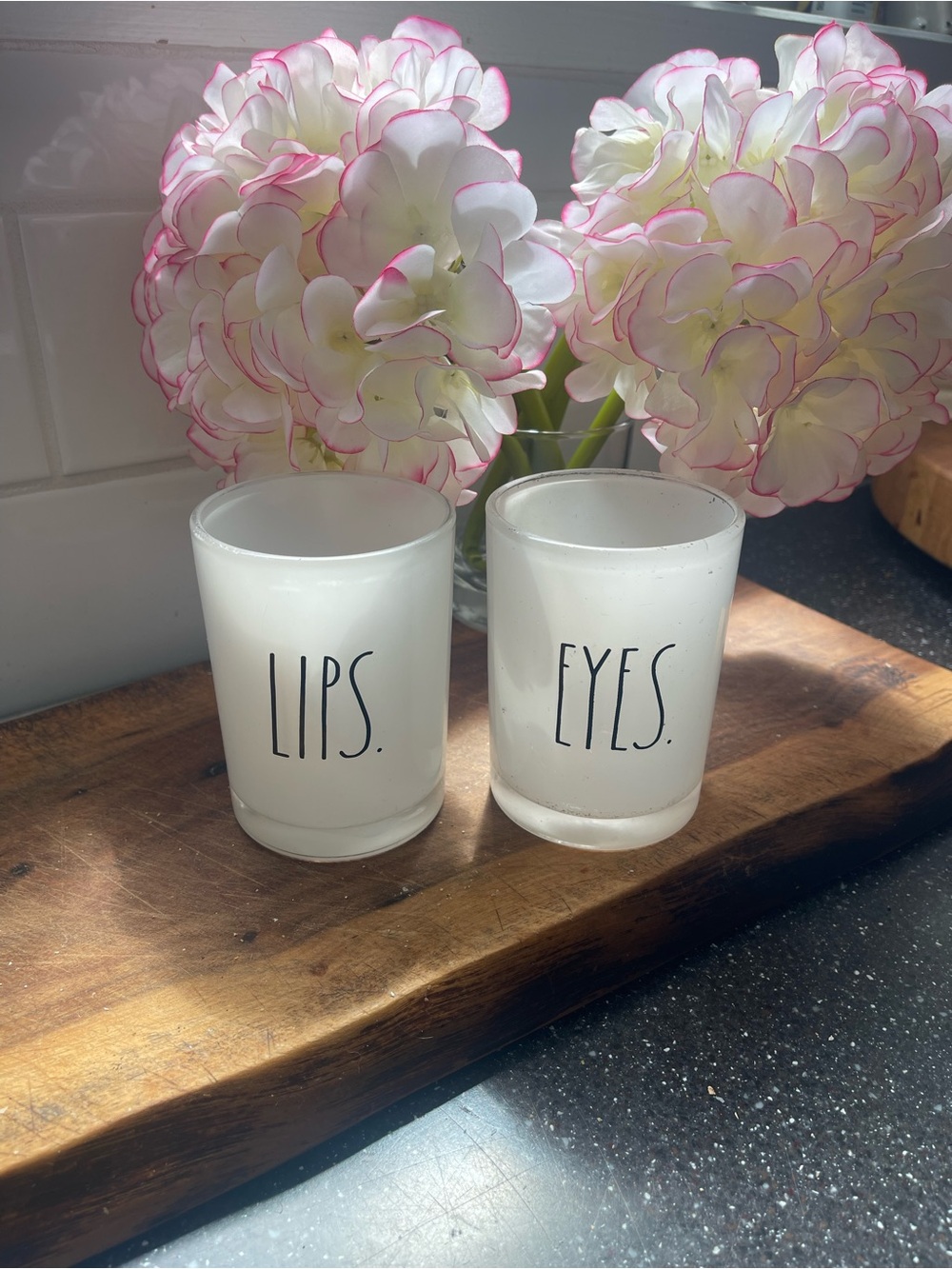 Rae Dunn Frosted ‘EYES’ and 'LIPS' Glass Vanity Storage